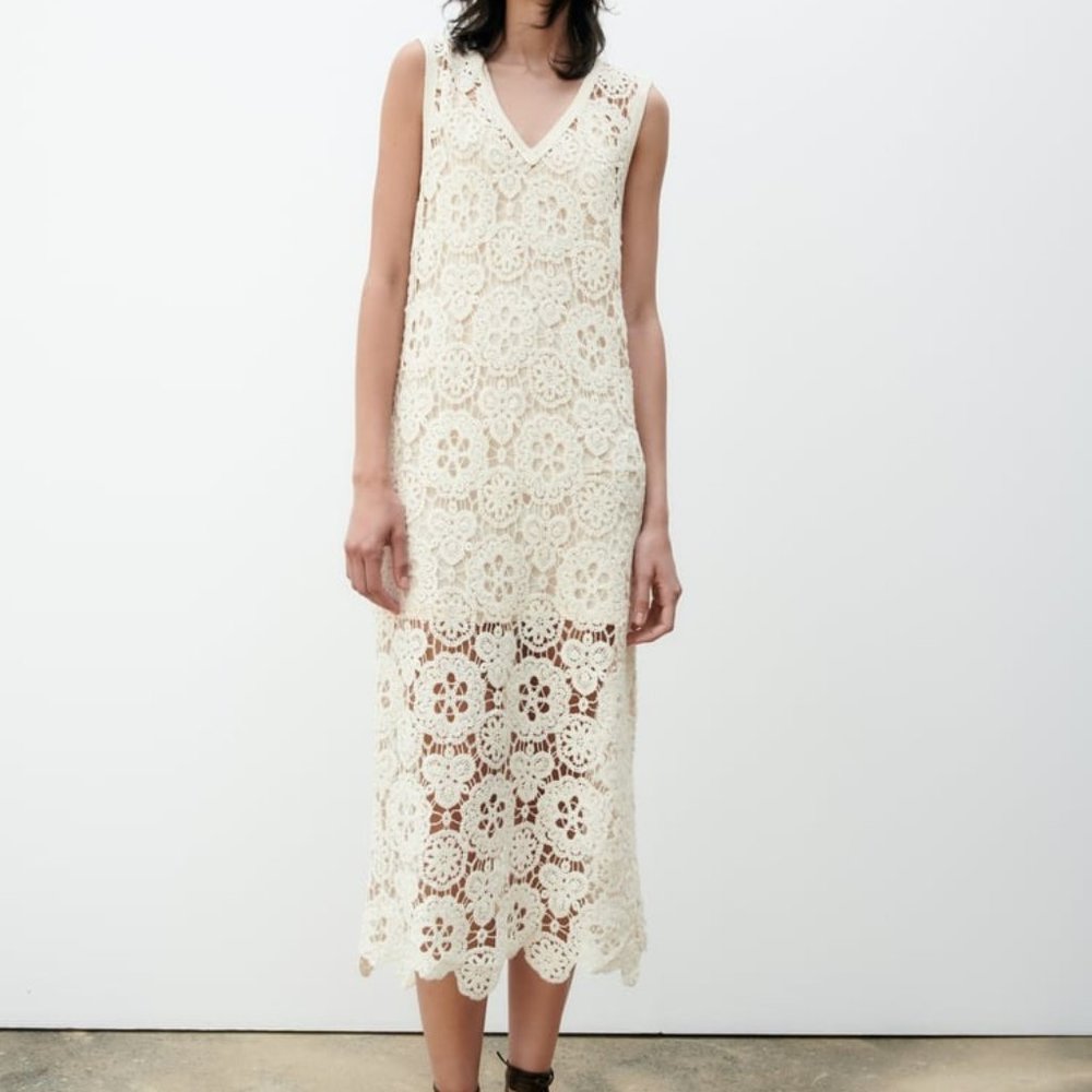NWT ZARA MACRAMÉ KNIT DRESS  WHITE - REF. 2893/031 S, M